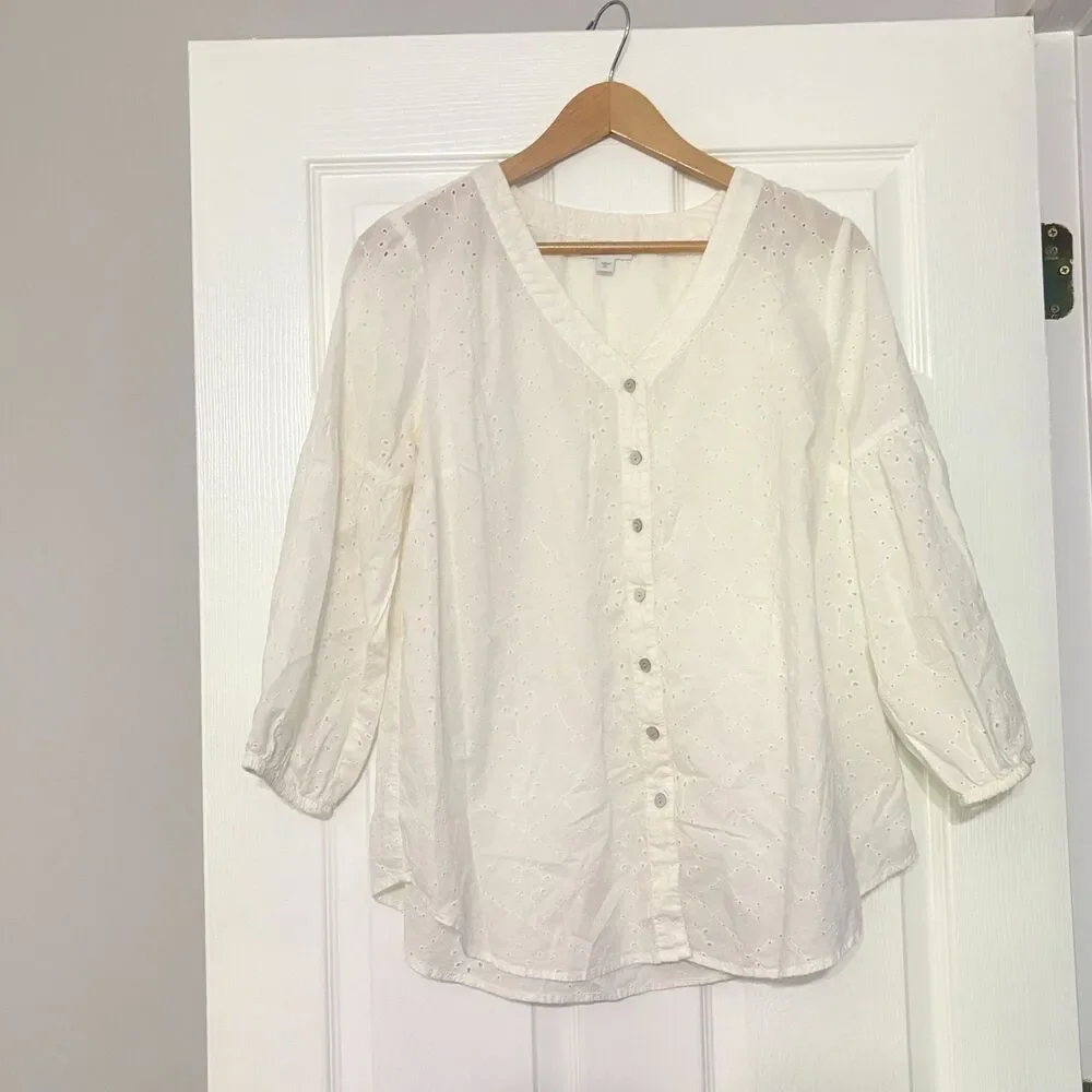 J. Jill Blouse Womens M/Tall White Eyelet Cottagecore Feminine Cotton New